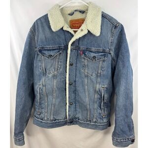Levi's Men's Medium Blue Wash Sherpa Denim Jean Quilted Sleeves Trucker Jacket S